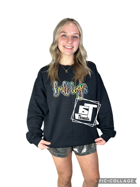 Gold, metallic cursive, bulldog patch on black sweatshirt