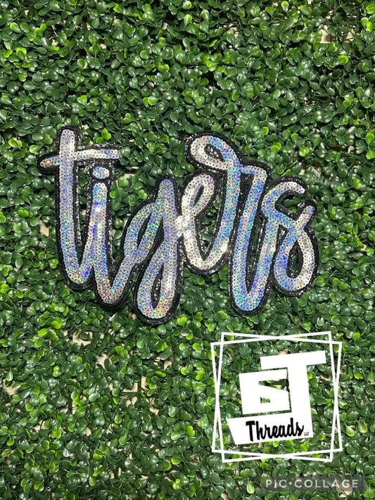 silver cursive sequin tigers iron on patch