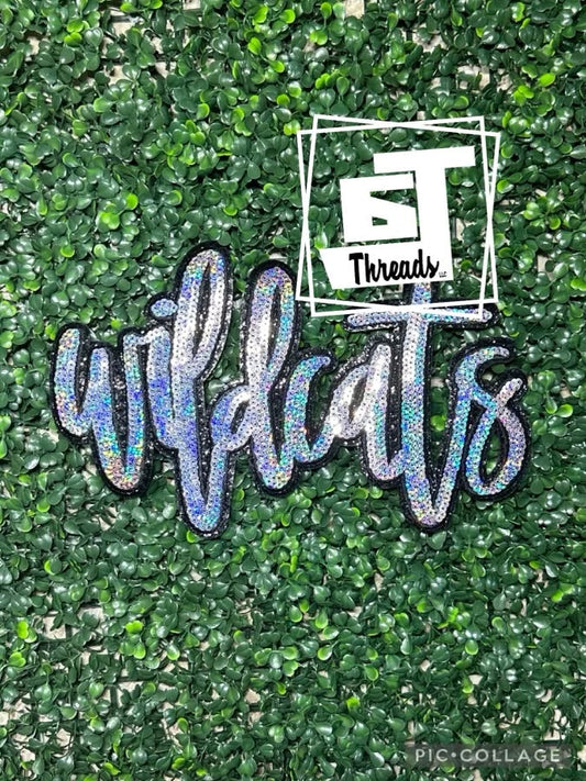 silver cursive sequin wildcats iron on patch