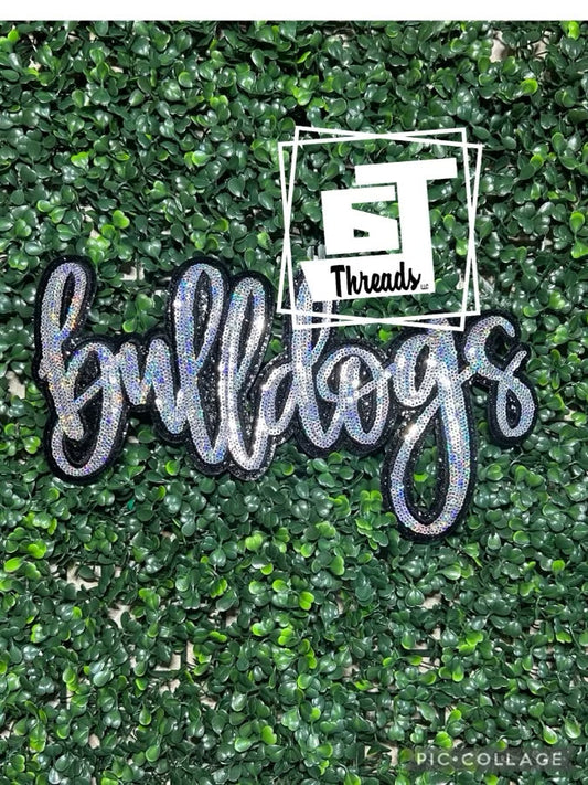 silver cursive sequin bulldogs iron on patch