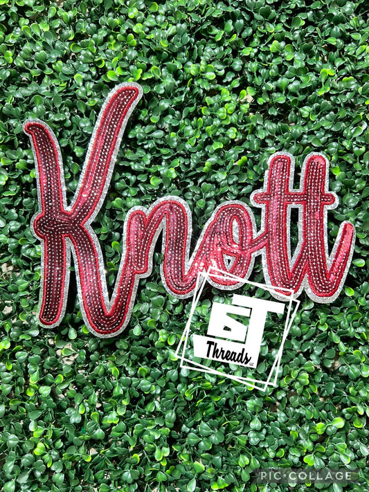 Red Cursive Sequin Knott iron on patch