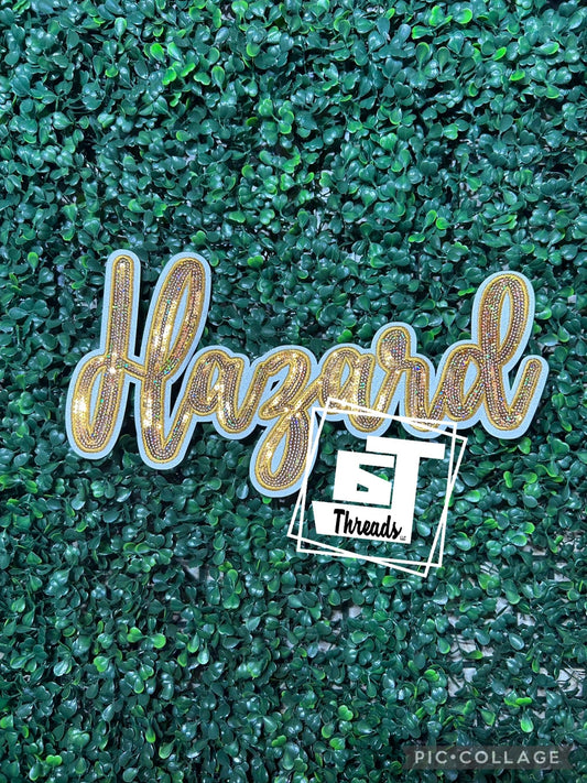 Gold Cursive Sequin Hazard....Patches Only
