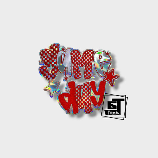 red metallic checkered game day iron on patch
