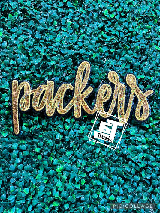 Gold Cursive Sequin Packers iron on patch