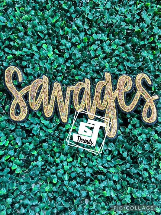 Gold Cursive Sequin Savages iron on patch