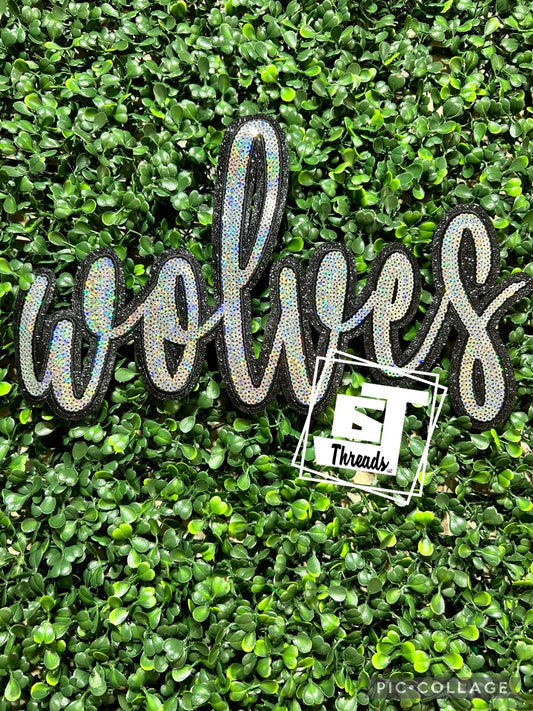 Silver Cursive Sequin Wolves iron on patch