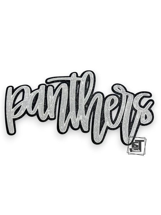 White Cursive Sequin Panthers