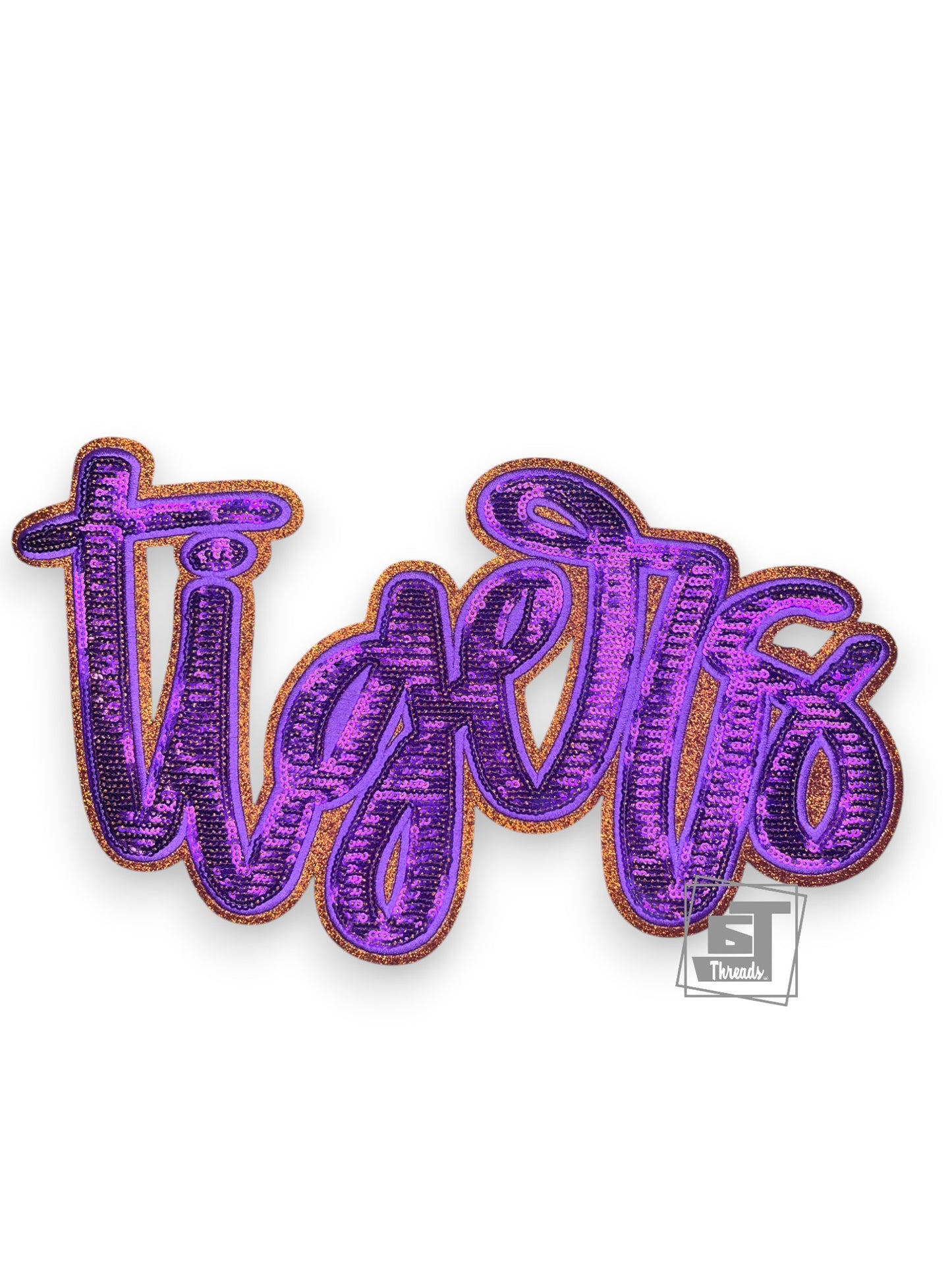 Two purple 'twins' patches with orange border on a white background