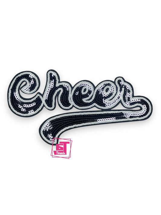 Decorative patch with 'Cheer' text and sequin details on a white background