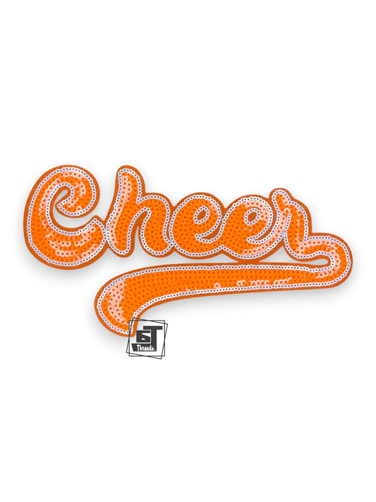 Orange 'Cheer' headband with rhinestone details on a white background