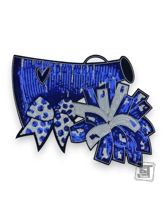 Blue sequin cheerleading skirt with decorative bows on a white background