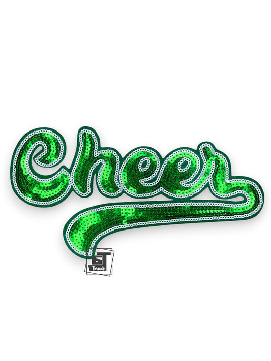 Green sequin patch with 'Cheer' text on a white background