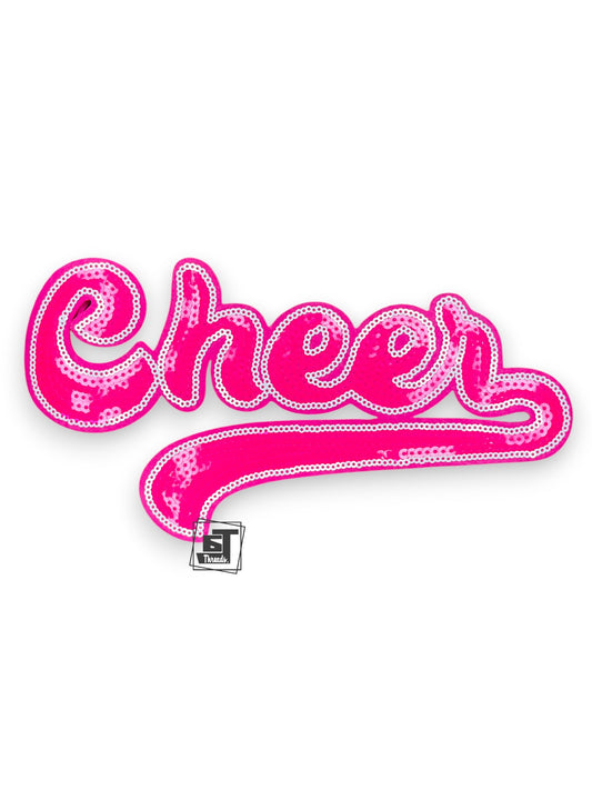 Pink 'Cheer' dog collar with rhinestone embellishments on a white background