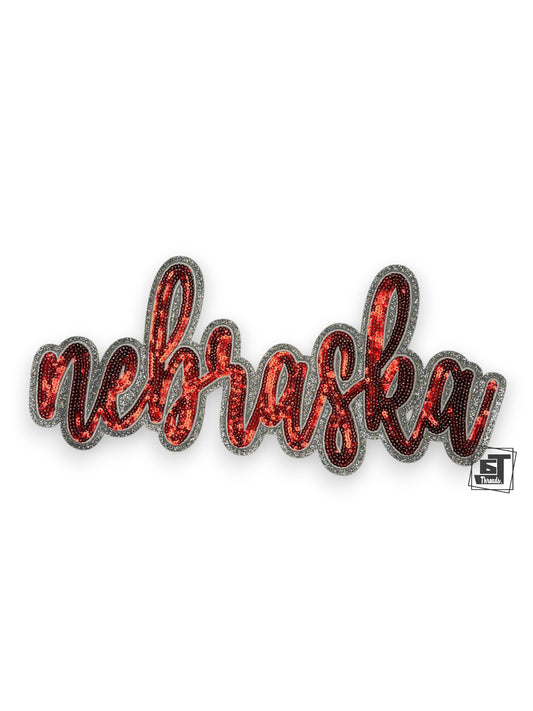 Red Cursive Sequin Nebraska