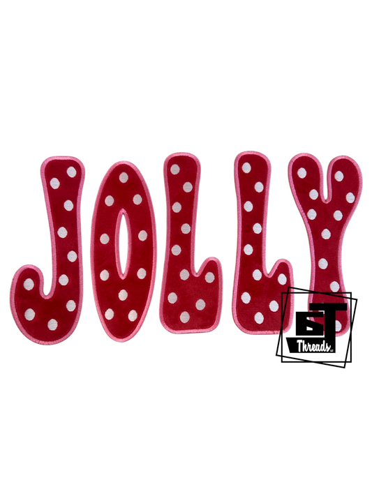 Red embroidered applique letters spelling 'JOLLY' with white polka dots, shown on a white background with a 'ST Threads' logo watermark in the lower right.