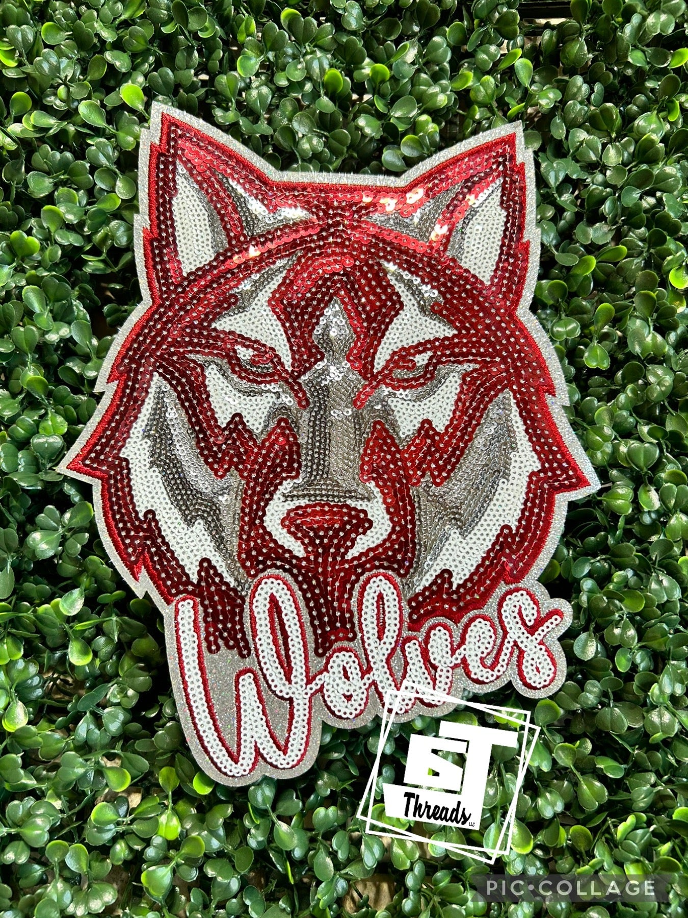 All sequins maroon wolves head with silver glitter back