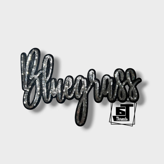 Silver Cursive Sequin Bluegrass iron on patch