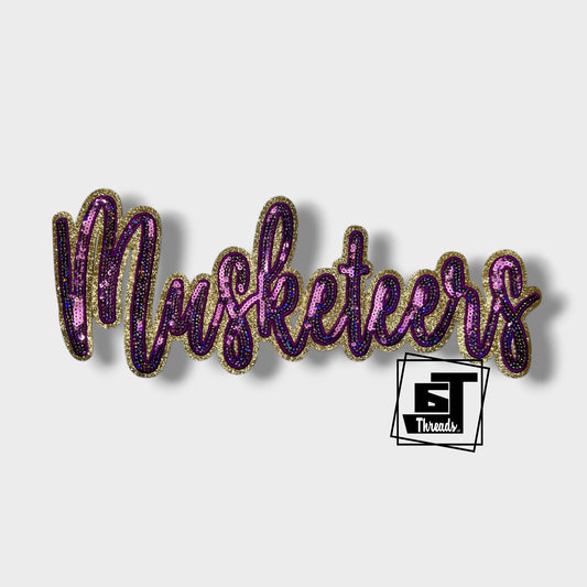 Purple Cursive Sequin Musketeers iron on patch