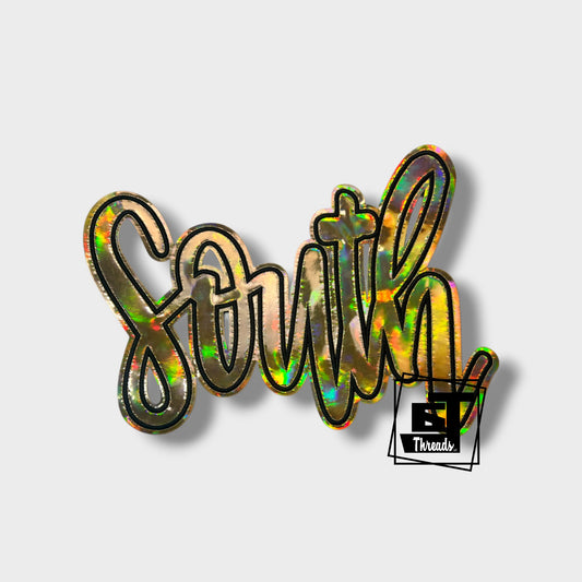 Gold Cursive Metallic South iron on patch