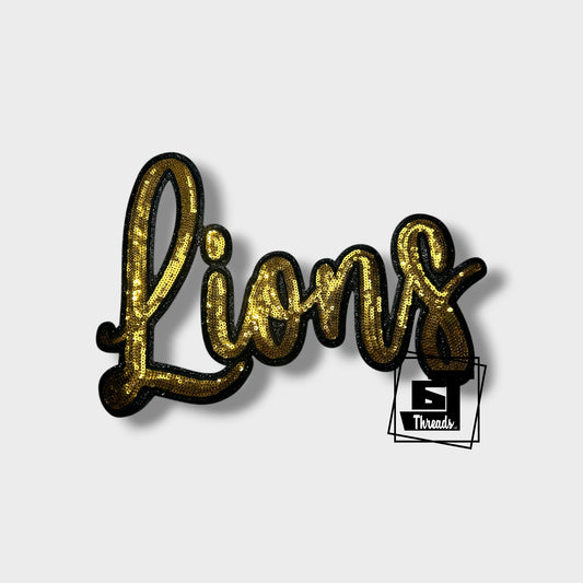 Gold Cursive Sequin Lions iron on patch