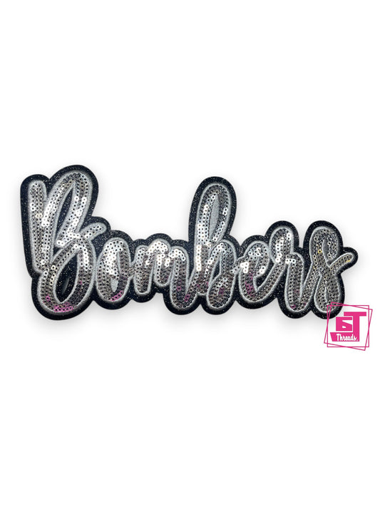 Sequined patch with 'Bombers' text on a white background