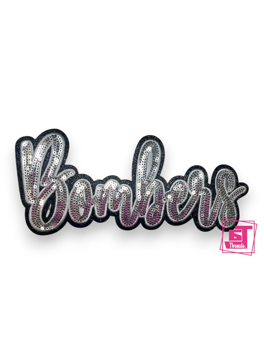 Youth Sequined patch with 'Bombers' text on a white background