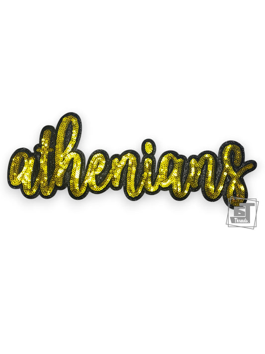 Gold 'athenians' text patch on a white background