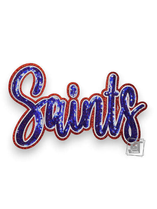 Sequined 'Saints' patch with red and blue design on a white background