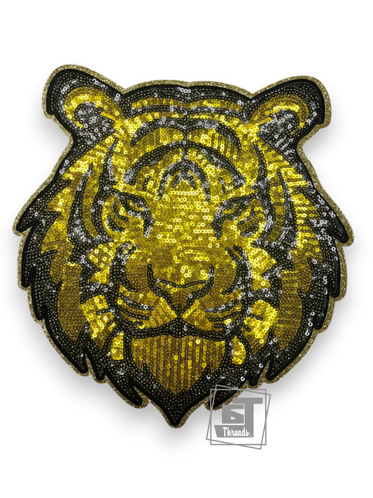 Gold Sequin Tiger Head iron on patch
Measures 9.5 x 10 inches
Gold Sequin Tiger Head with gold glitter outline