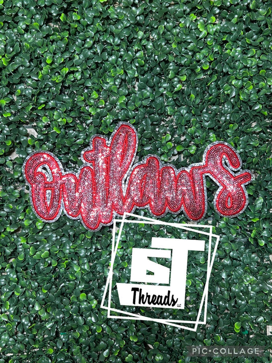Red Cursive Sequin Outlaws iron on patch