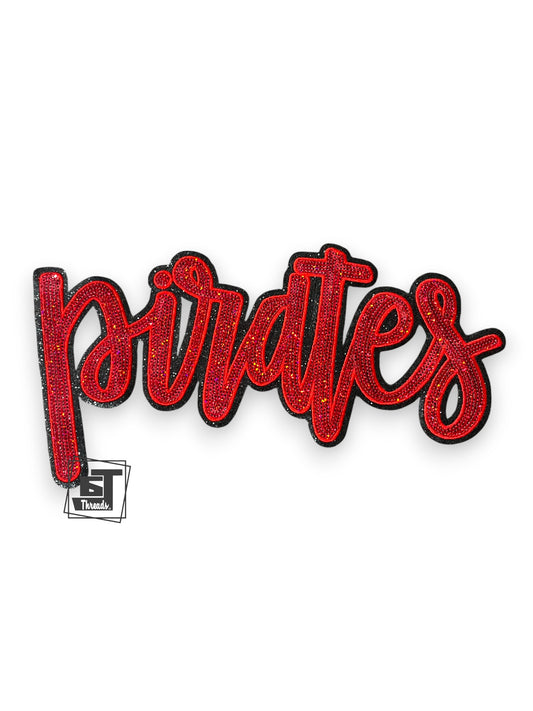 Red glittery 'pirates' patch with a logo on a white background