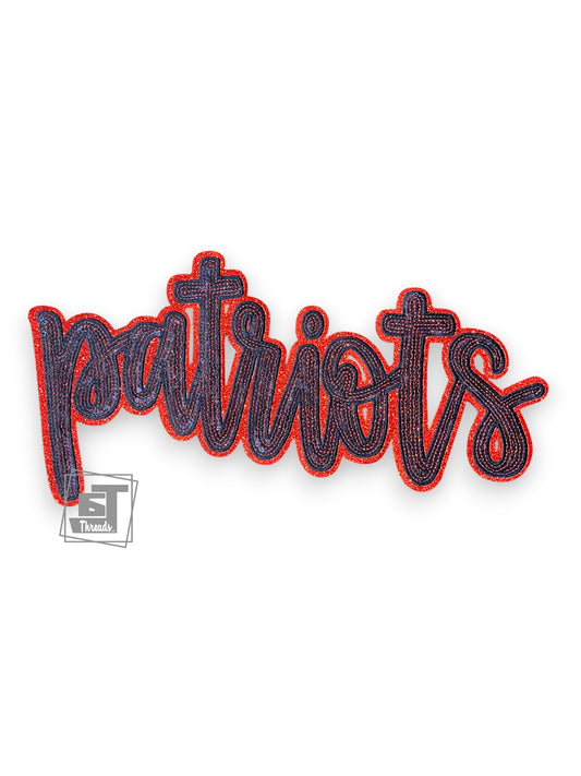 Embroidered patch with 'patriots' text on a white background
