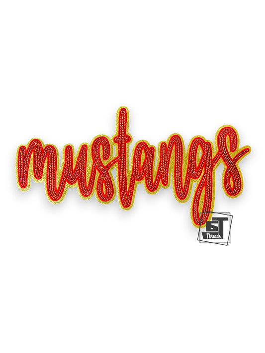 Embroidered patch with 'mustangs' text in red on a white background