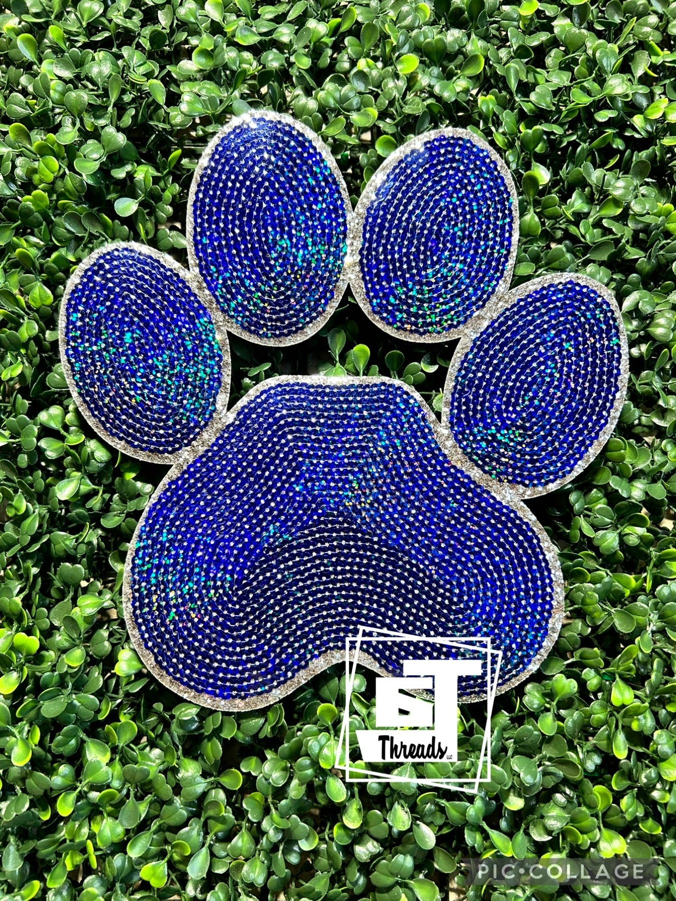 Blue rhinestone paw patch on green grass with 'ET Threads' logo.