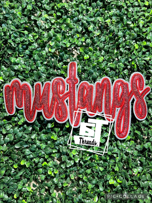 Red Cursive Sequin Mustangs iron on patch