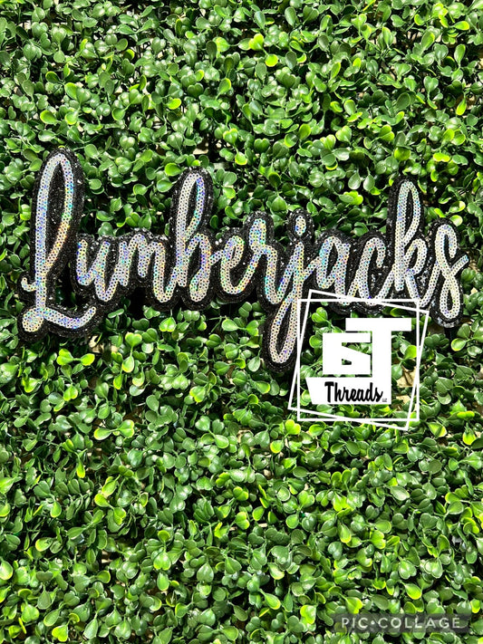 Silver Cursive Sequin Lumberjacks iron on patch