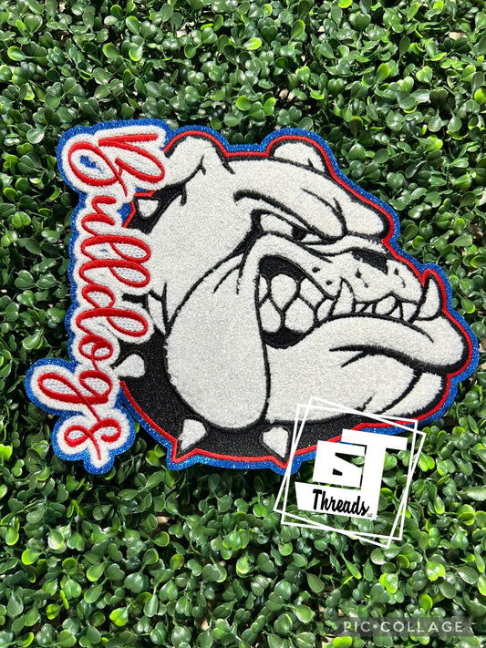 Red and Blue Cursive Bulldogs with Mascot iron on patch