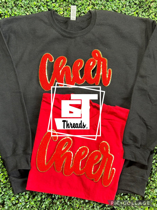 red cursive cheer iron on patch black sweatshirt red shirt