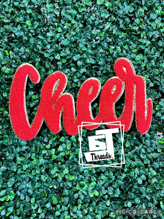 red cursive chenille cheer iron on patch