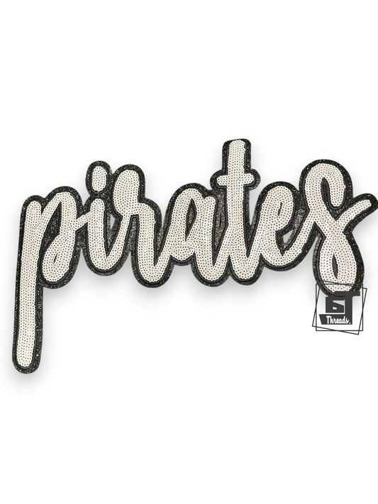 Embroidered patch with 'pirates' text on a white background