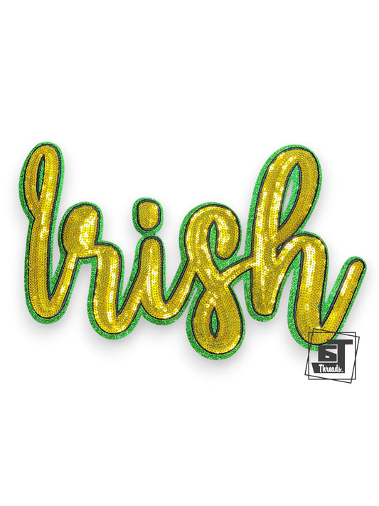 Gold 'Irish' patch with green outline on a white background