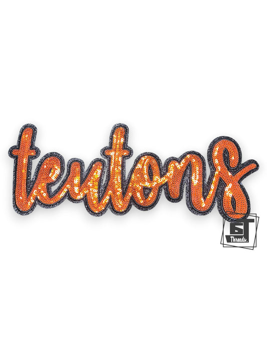 Embroidered patch with 'teutons' text on a white background