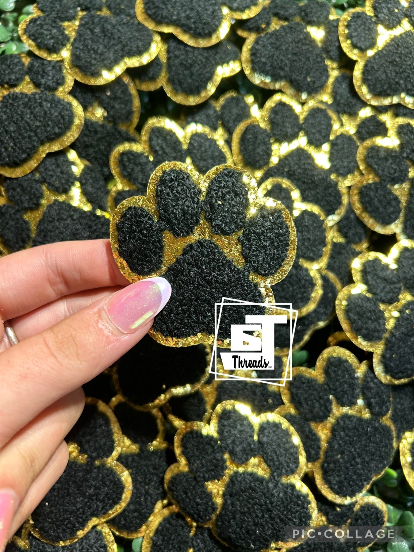 black and gold Chenille Paw Prints cap patches