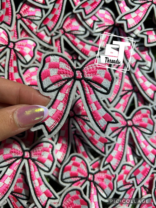 Hot Pink Checkered Bow cap patch