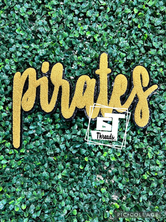 Gold Cursive Chenille Pirates iron on patch