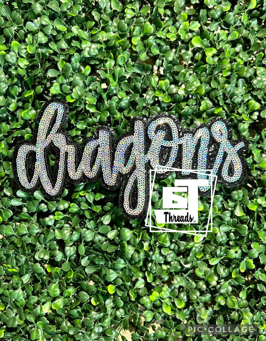 YOUTH Cursive Sequin Dragons iron on patch