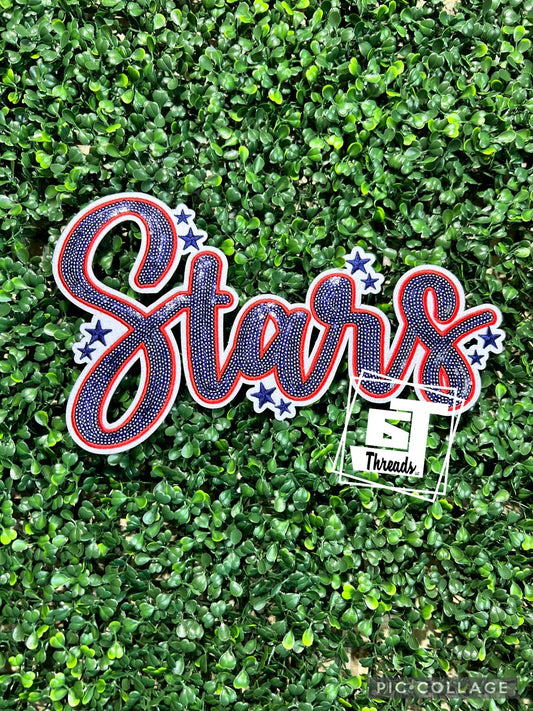 Red and Navy Cursive Sequin Stars iron on patch