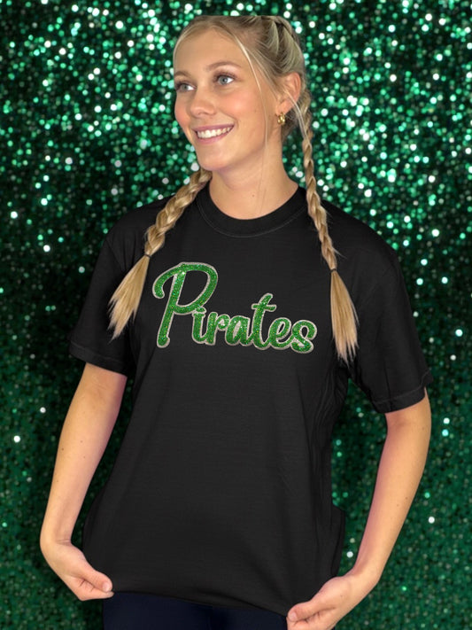 Sequin Green Pirates Cursive Word Patch T-Shirt