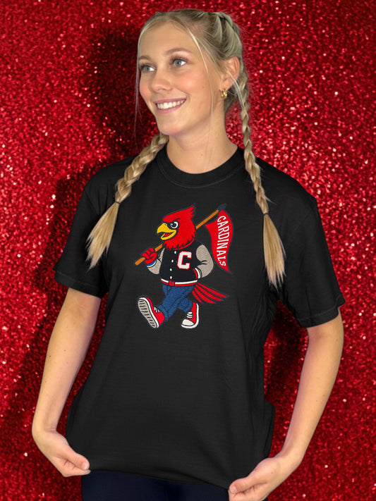 Chenille Red Retro Cardinal with Flag Patch T-Shirt