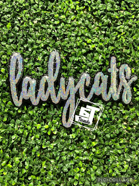Silver Cursive Sequin Ladycats iron on patch
